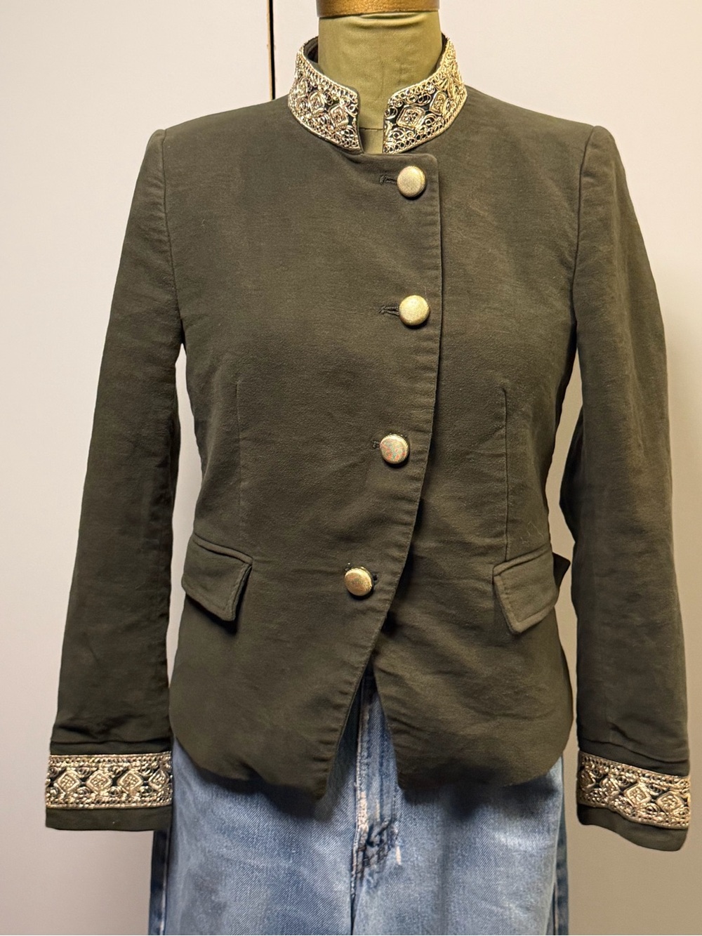Zara Olive Green Military-Style Blazer with Embroidered Trim